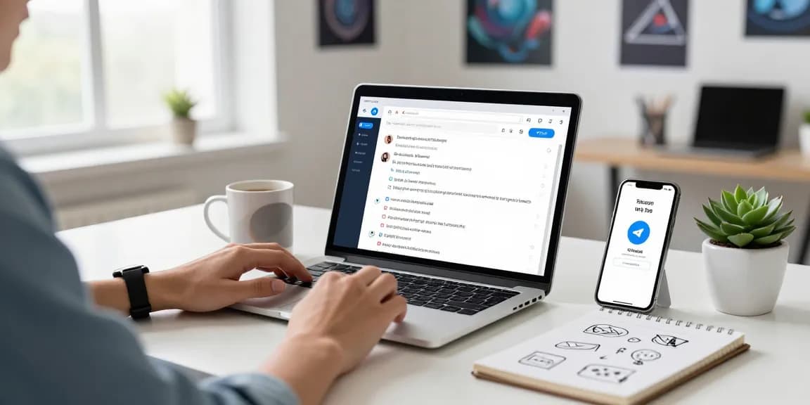 Engaging workspace showcasing Telegram Web Version on a laptop with notifications and creative decor.