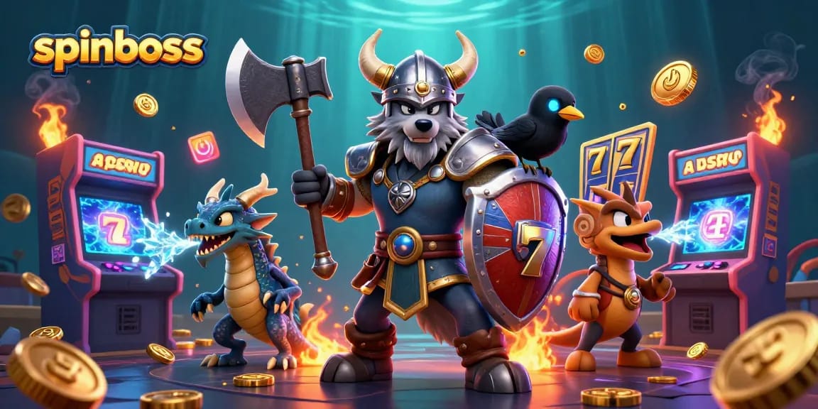 Spinboss casino illustration with dynamic characters and games, encapsulating excitement and adventure