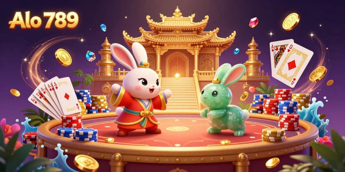 Alo 789 enhances the cockfighting experience with a lively moon rabbit scene in a dynamic arena.