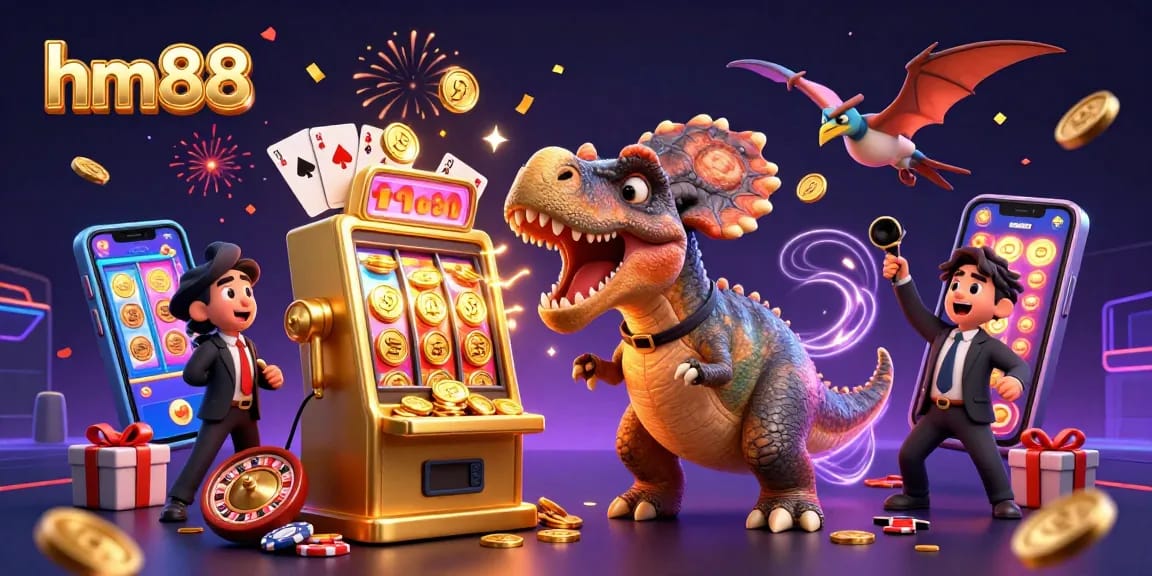 hm88 jackpot scene with a dinosaur, casino manager, and coins in a 3D slot game atmosphere.
