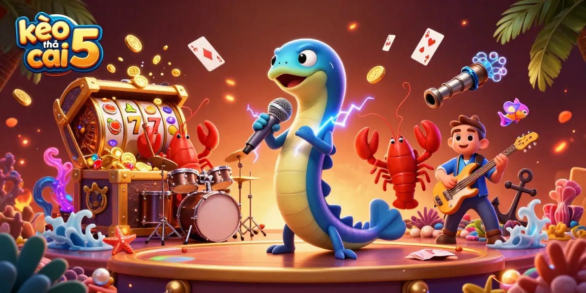 Engage with kèo nhà cái 5 at an underwater casino with electric eel DJ, lobster, and seahorse, vibrant treasure