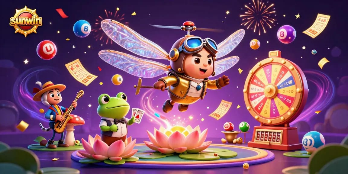 Experience the thrill of sunwin with a vibrant casino scene featuring a flying dragonfly pilot and a frog dealer