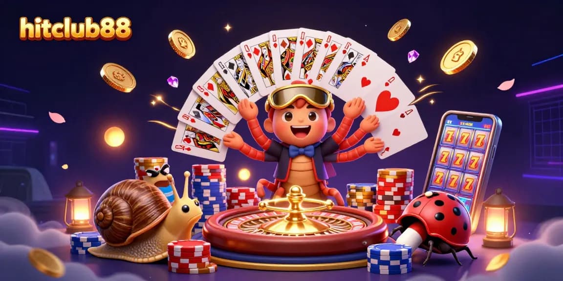 Hitclub88 showcases an animated casino scene with a millipede dealer and exciting game elements.