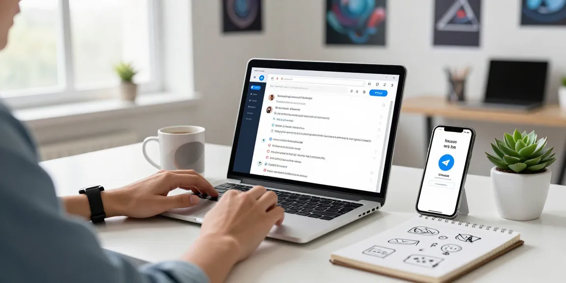 Engaging workspace showcasing Telegram Web Version on a laptop with notifications and creative decor.