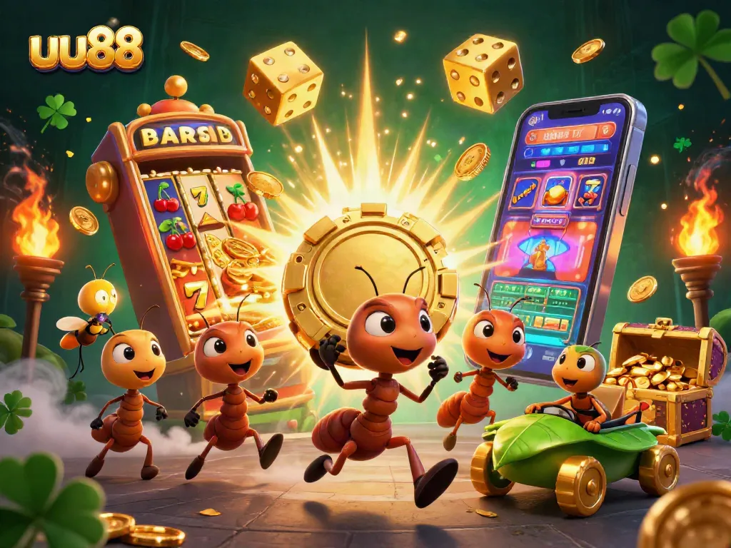 Experience the thrill of uu88 with ants heisting giant golden poker chips amidst dazzling casino treasures.