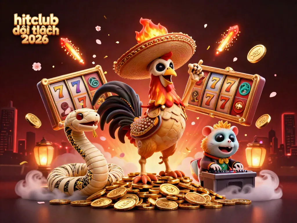 Experience the fun of hitclub đổi thưởng 2026 with a vibrant celebration of slots, lucky symbols, and festive 3D characters.