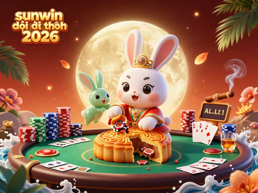 Engage in sunwin đổi thưởng 2026 with a vibrant 3D casino scene featuring a moon rabbit and poker elements.