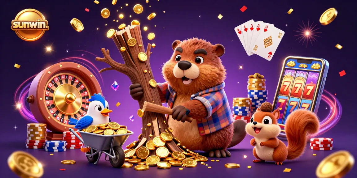 Experience winning thrills with sunwin. as a cartoon beaver collects golden coins amidst a vibrant casino scene.