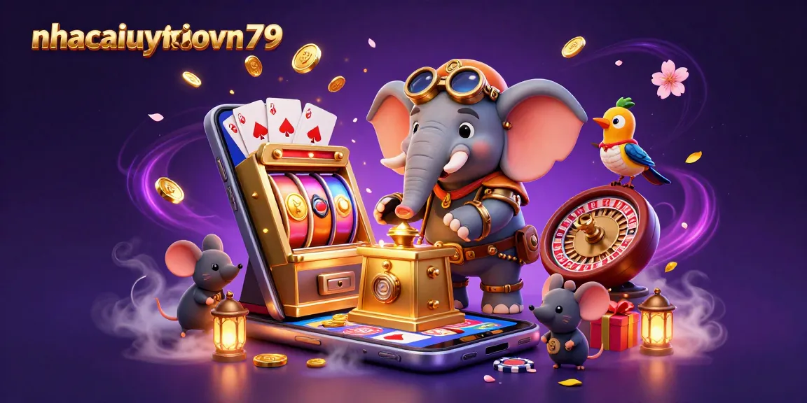 Engage with nhacaiuytinovn79's dynamic slot gaming adventure, showcasing a steampunk elephant and vibrant 3D elements.