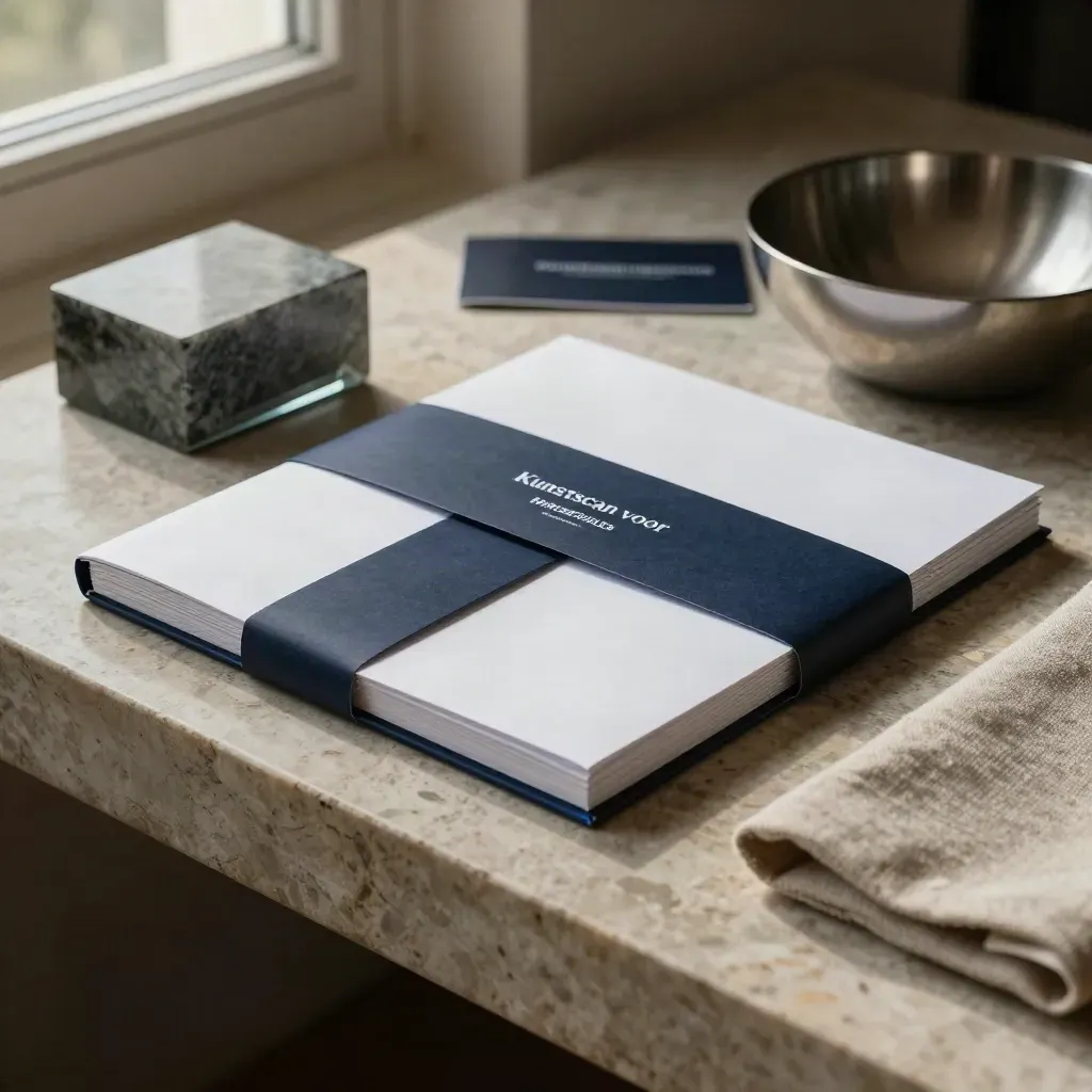 Portfolio-adviespakket op travertin plint met kalksteen, linnen sleeve en metalen schaal.