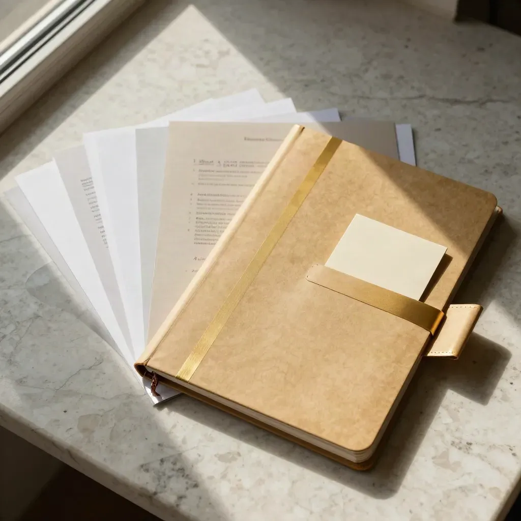 Halfopen veilingagenda-folio met tabs, goud bandje en kaartzak op travertin