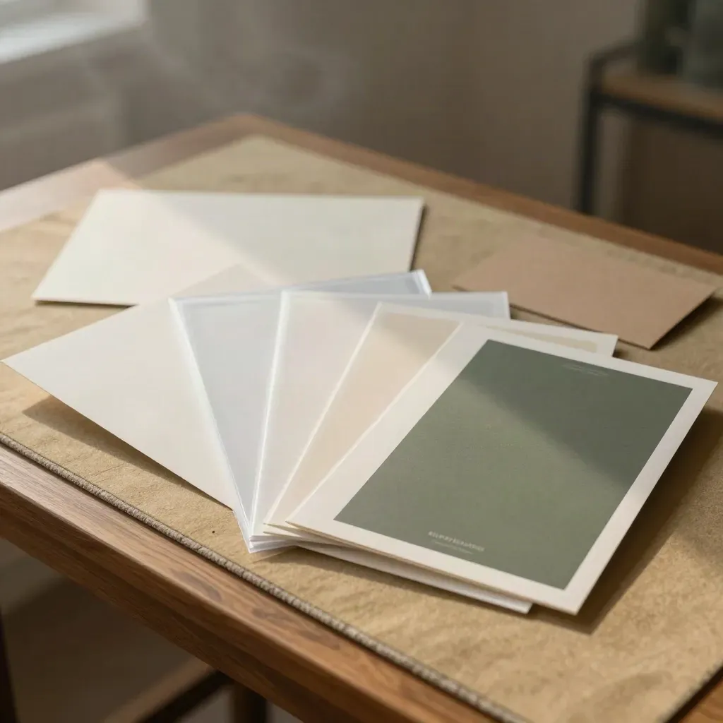 Open fotokit met proefprints, hoesjes en kaarten op een warme tafel in zacht licht.