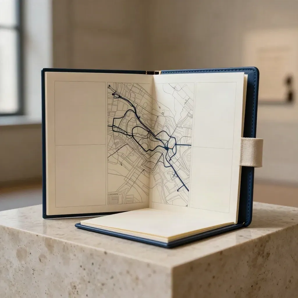 Open kunstbezoek-map met gevouwen routekaart en pasvormen op travertijn.
