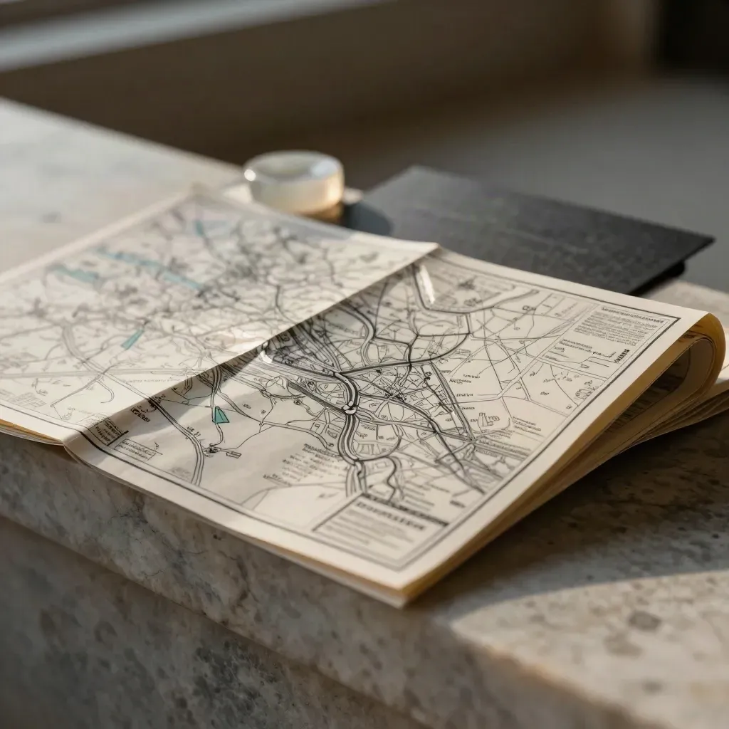 Close-up van een gevouwen museumroute-kaart op een stenen rand met etui en papiergewicht.