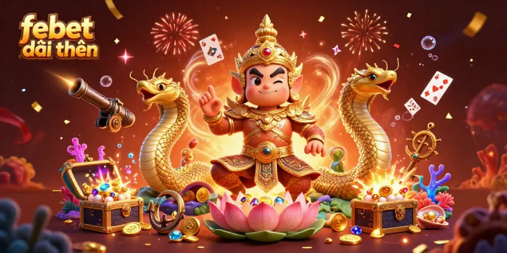 Experience febet đổi thưởng with vibrant characters and playful casino elements surrounded by gold coins