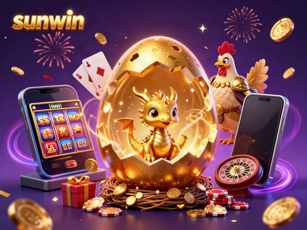 Engage with sunwin's vibrant gaming world as a golden dragon guards treasures amidst dynamic casino elements.