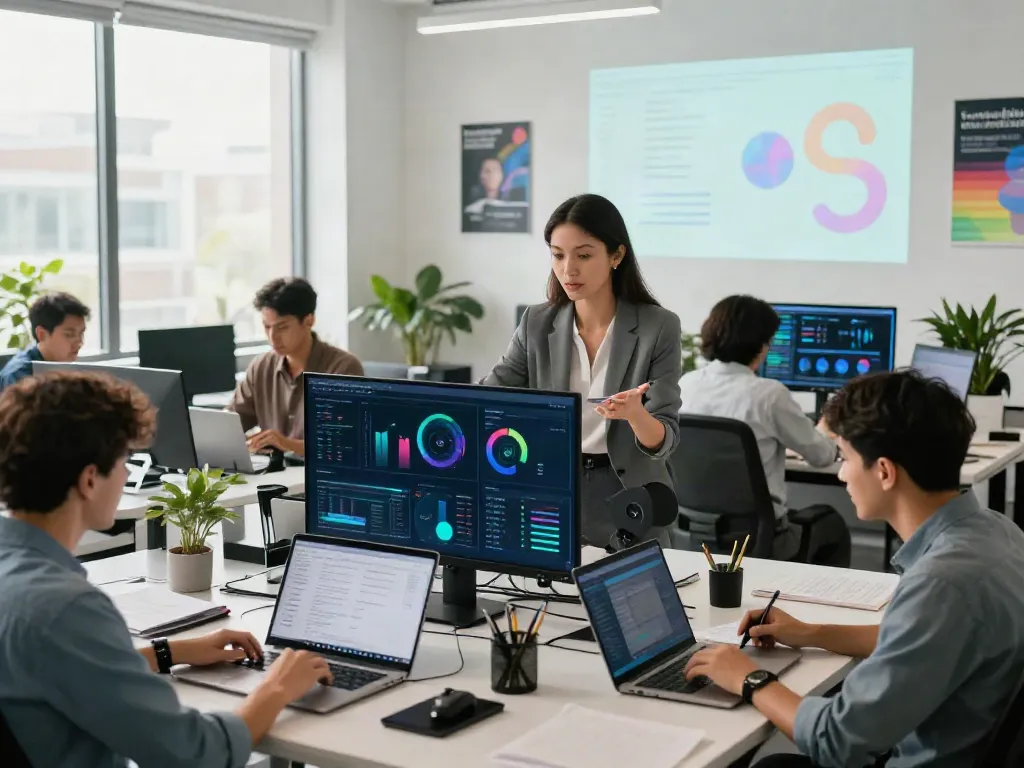 Engaged team analyzing AI visibility tool for agencies data in a modern office.