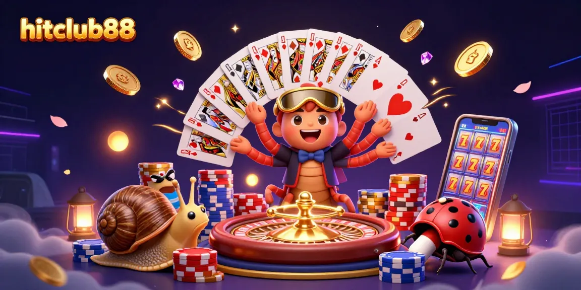 Hitclub88 showcases an animated casino scene with a millipede dealer and exciting game elements.
