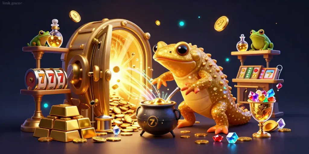 Join the magical world of link gacor with golden alchemy, slot reels, and vibrant treasures.