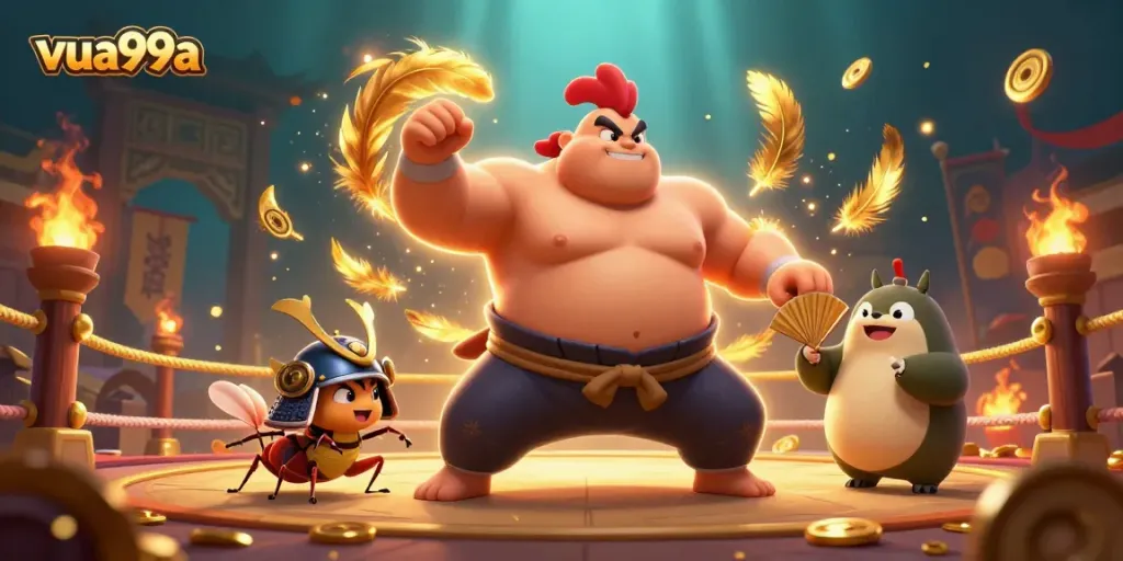 Engaging gaming scene featuring a sumo rooster and samurai cricket representing the brand vua99a in an exciting atmosphere.
