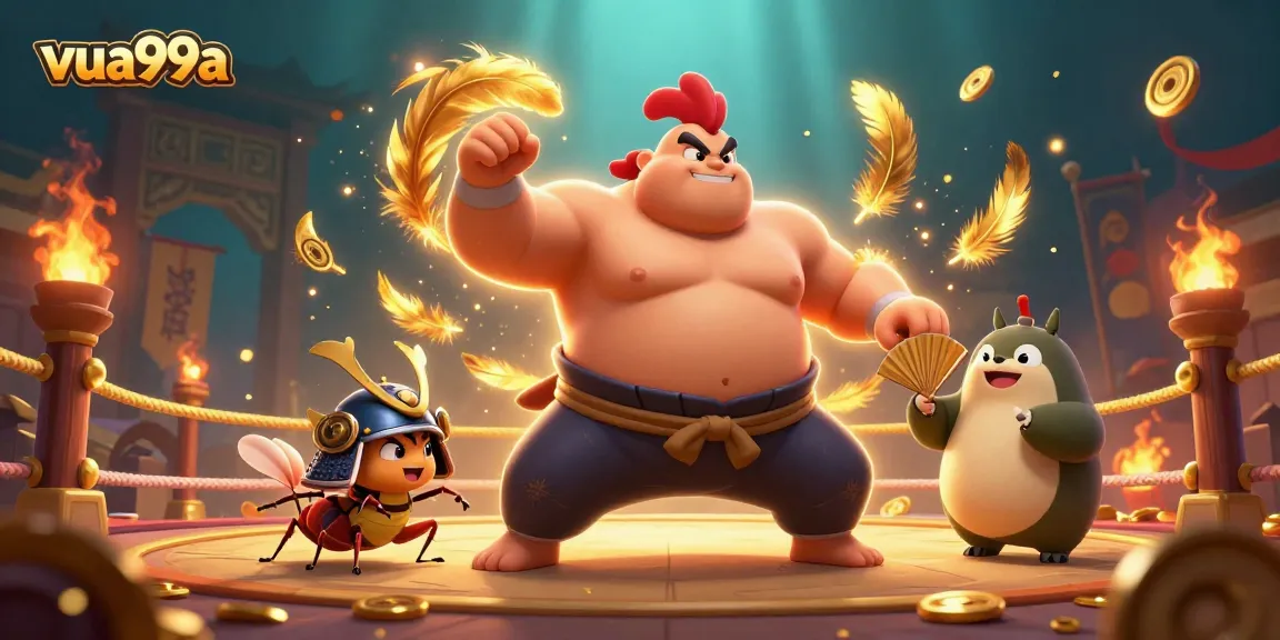 Engaging gaming scene featuring a sumo rooster and samurai cricket representing the brand vua99a in an exciting atmosphere.