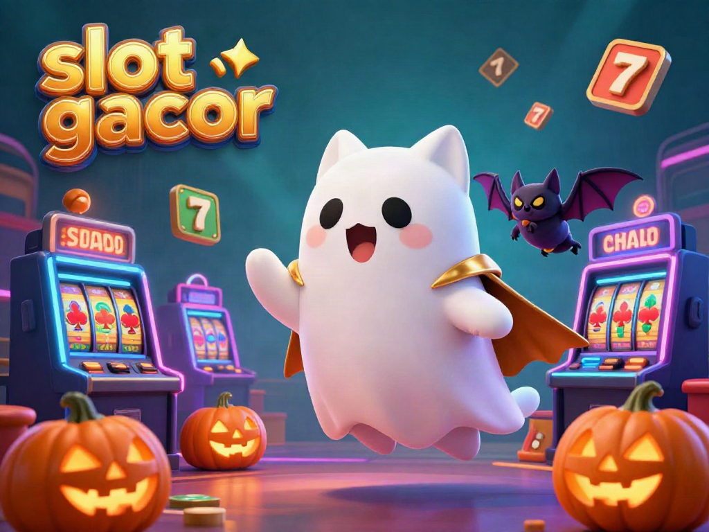 Experience the thrill of slot gacor with a friendly ghost cat and bat in a dynamic casino scene.
